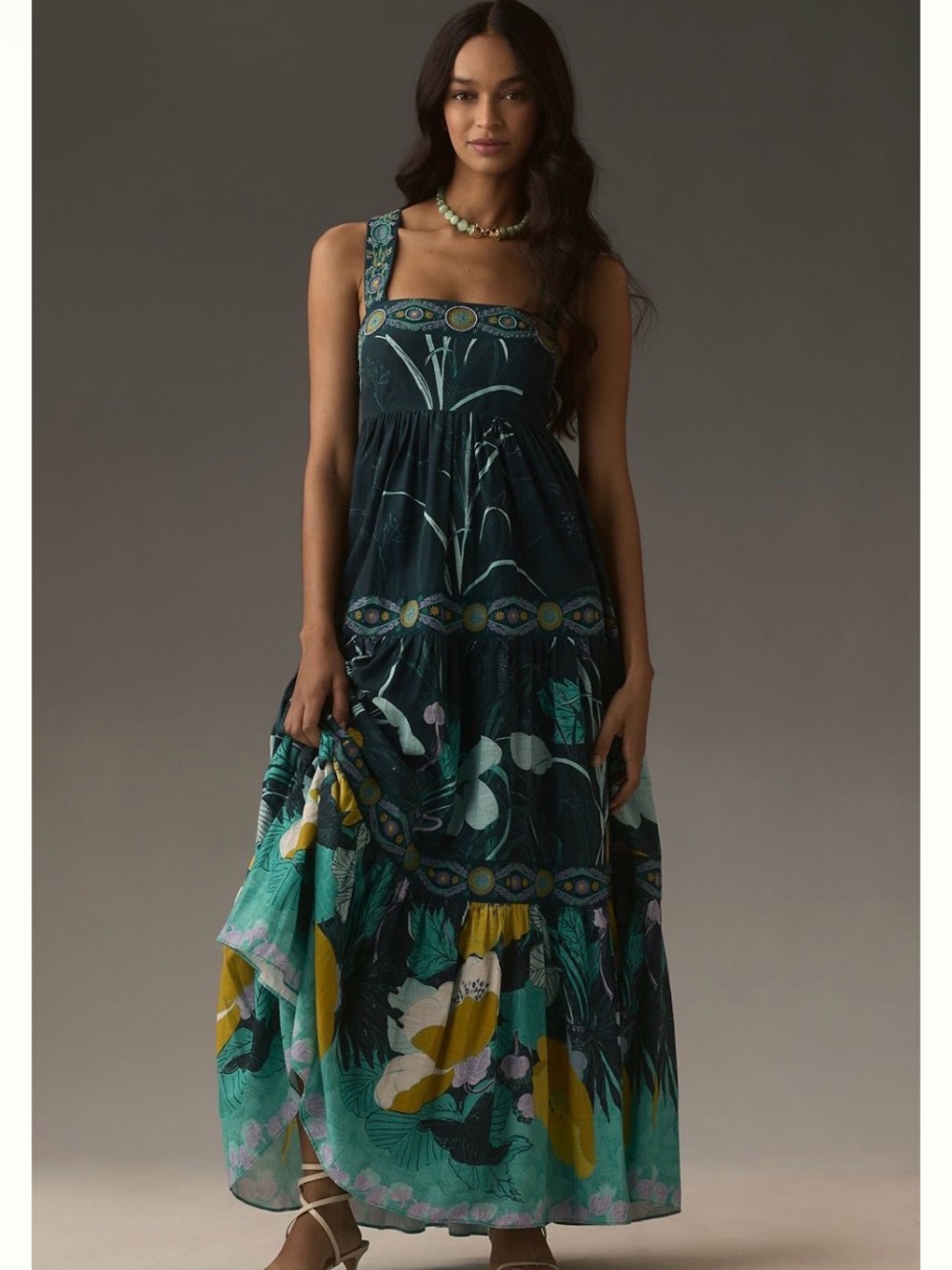 Anthropologie Teal, Black and Yellow Floral Maxi Dress
